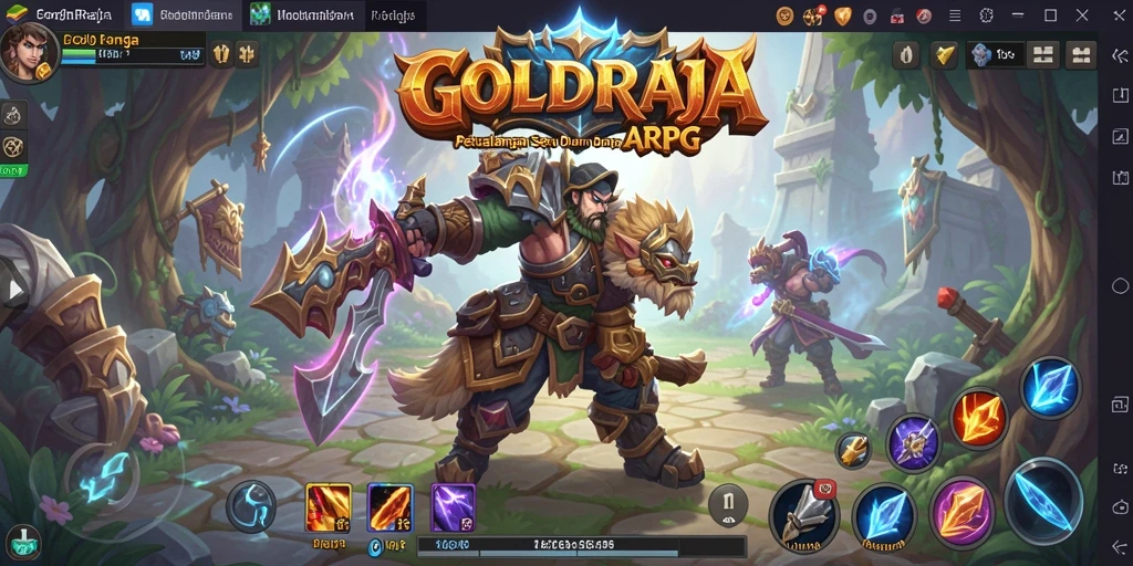 Screenshot gameplay <strong>GOLDRAJA</strong> menampilkan aksi pertarungan seru di dunia fantasi.
